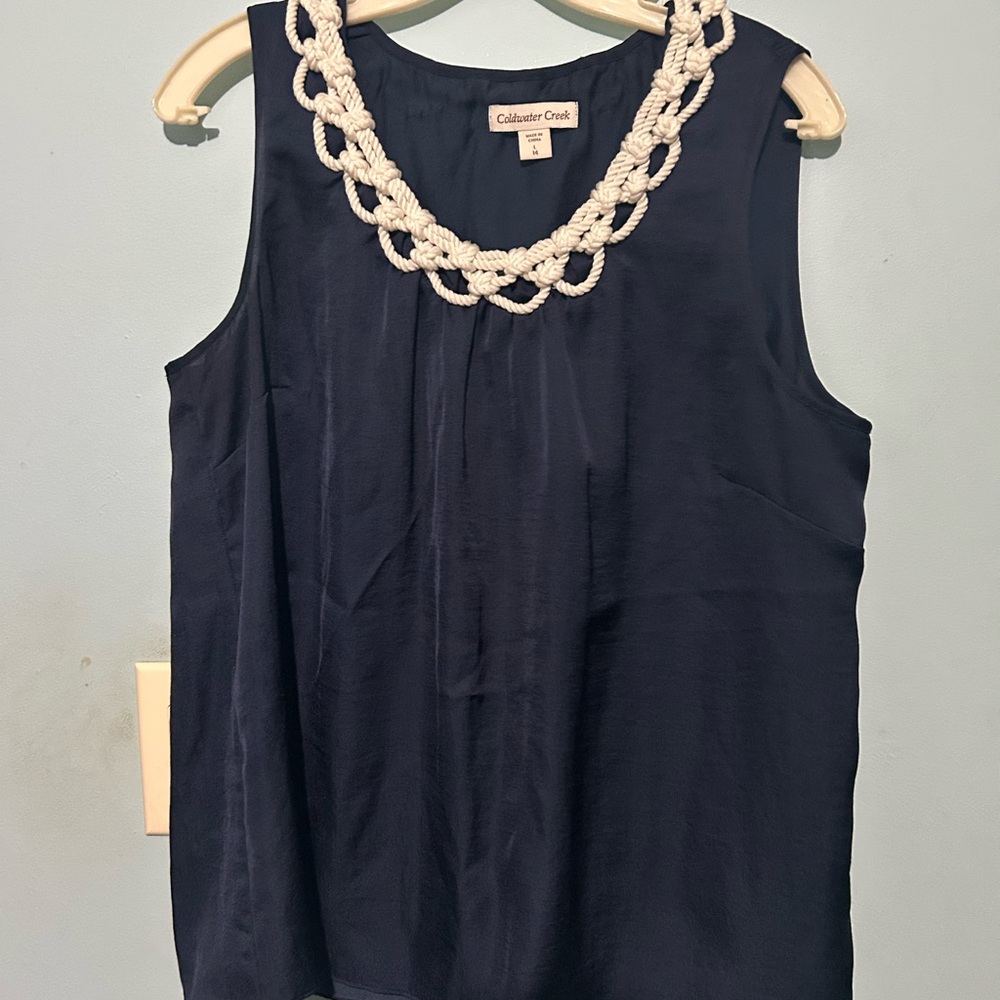 Coldwater Creek Cream and Blue Embellished Sleeveless Blouse